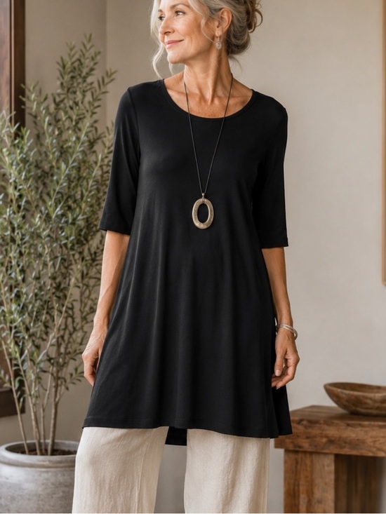 Eileen Fisher Tops - Eileen Fisher Flare Black A-Line Long Tunic Top Large Viscose Stretch